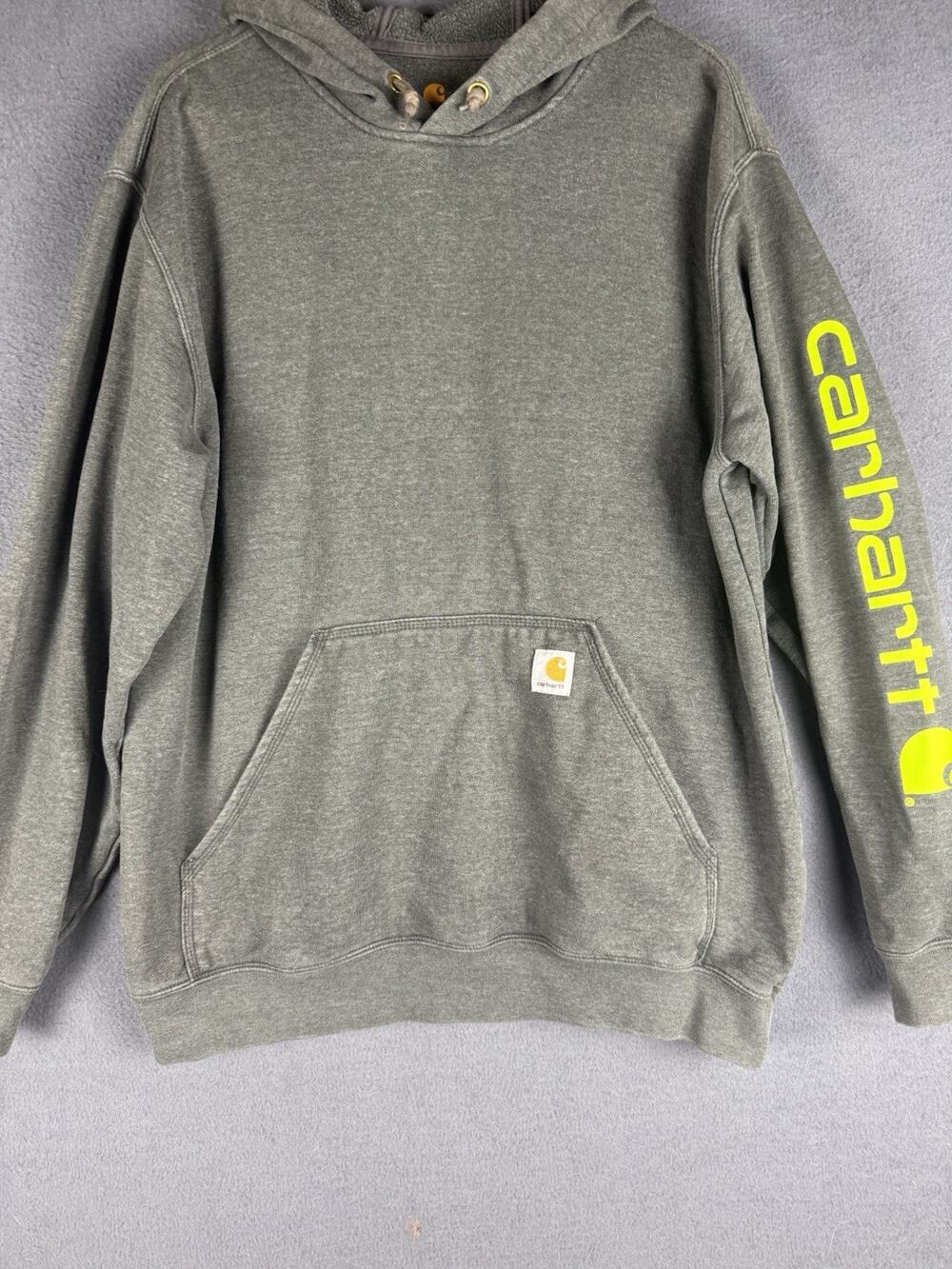 Carhartt Hoodie Loose Fit Gray Mens Large Spell Out Neon Green Highlighter